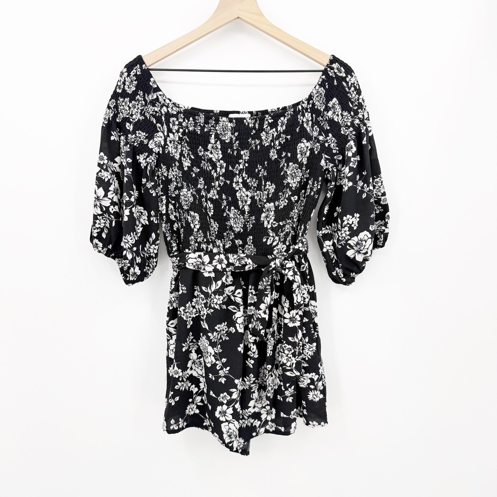 Premier Amour Floral Smocked Romper Black White Off Shoulder 14 Coquette Boho